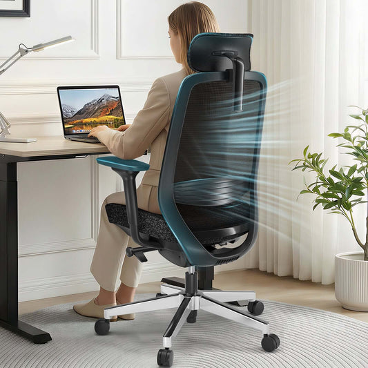 Woman sitting in ErgoSift M2 ergonomic office chair with lumbar support, enjoying comfort and ventilation while working.