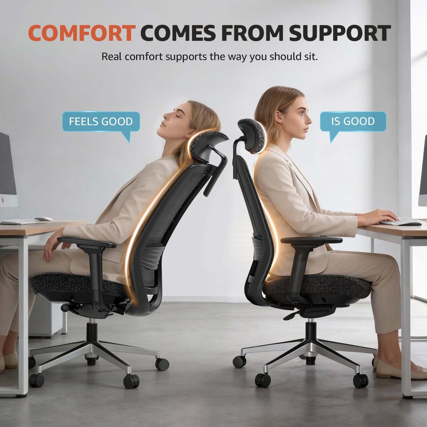 Ergonomic office chair with lumbar support comparison showing support benefits for comfort in an office setting.