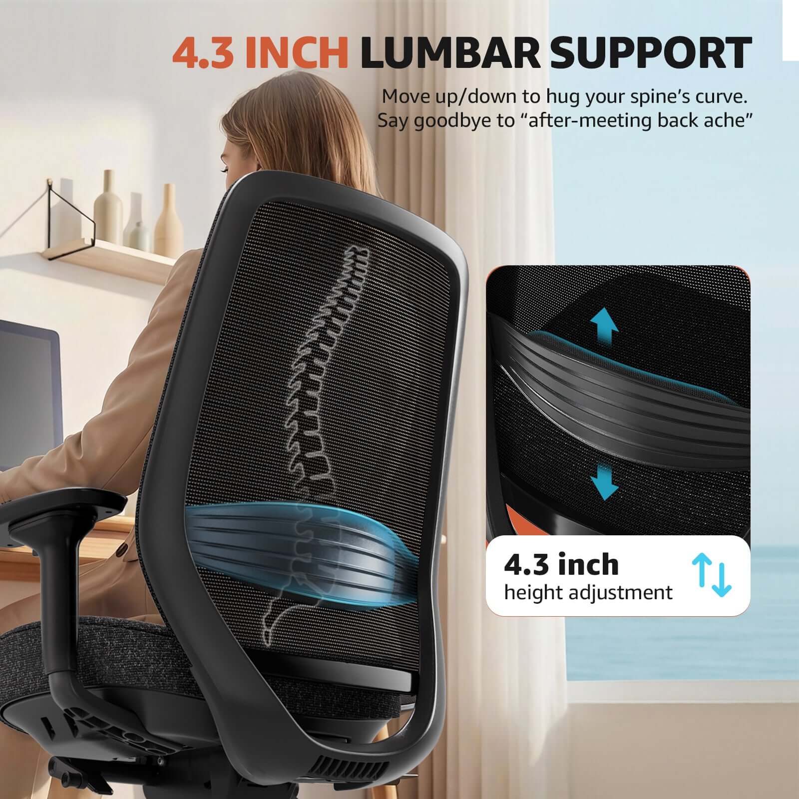 ErgoSift M2 ergonomic office chair with lumbar support featuring 4.3 inch height adjustable lumbar support detail.