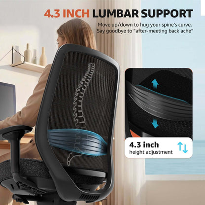 ErgoSift M2 ergonomic office chair with lumbar support featuring 4.3 inch height adjustable lumbar support detail.