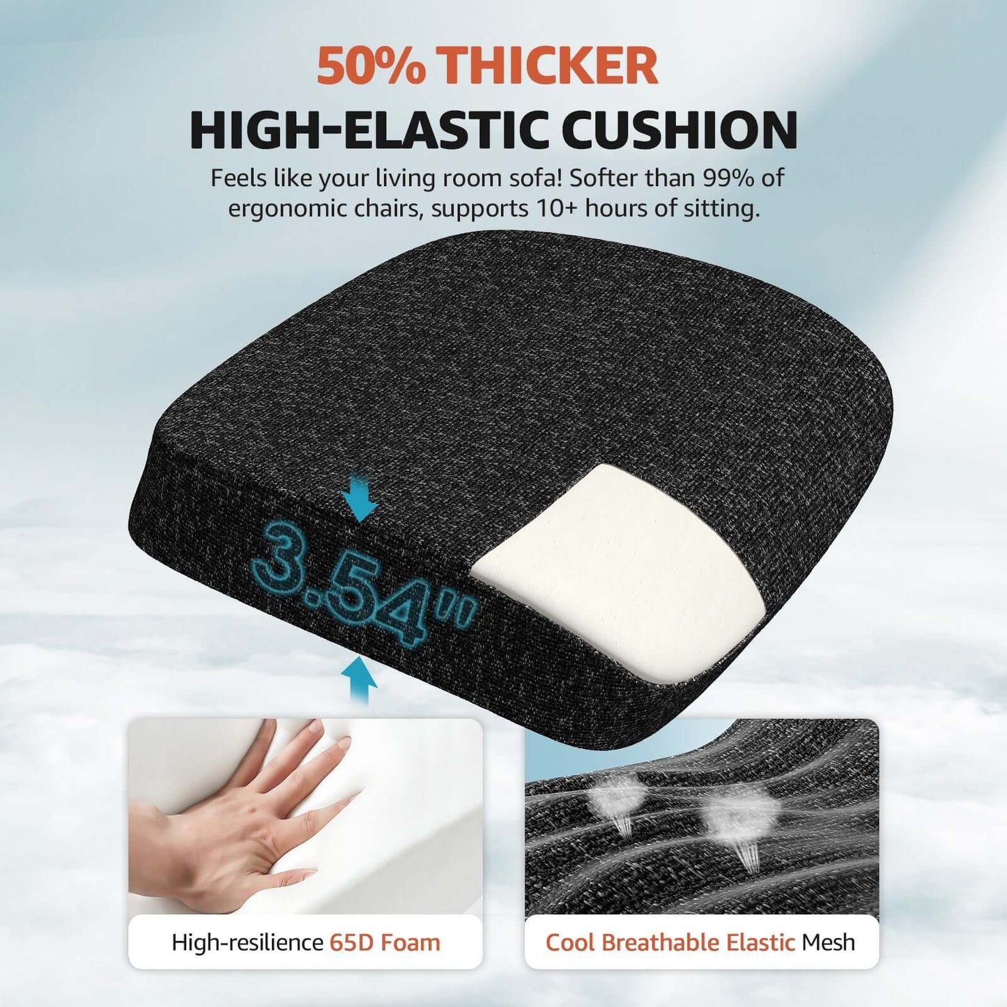 ErgoSift M2 ergonomic office chair with lumbar support showing 50% thicker high-elastic cushion for sofa-like comfort.