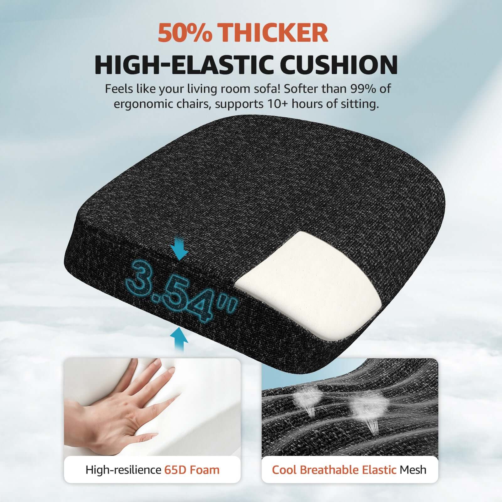 ErgoSift M2 ergonomic office chair with lumbar support showing 50% thicker high-elastic cushion for sofa-like comfort.