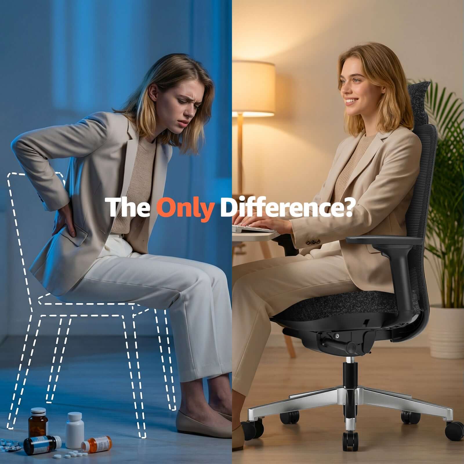 Comparison of discomfort in a regular chair versus comfort in an ergonomic office chair with lumbar support.