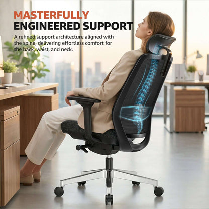 ErgoSift M2 ergonomic office chair with lumbar support showcasing engineered support for back, waist, and neck comfort.