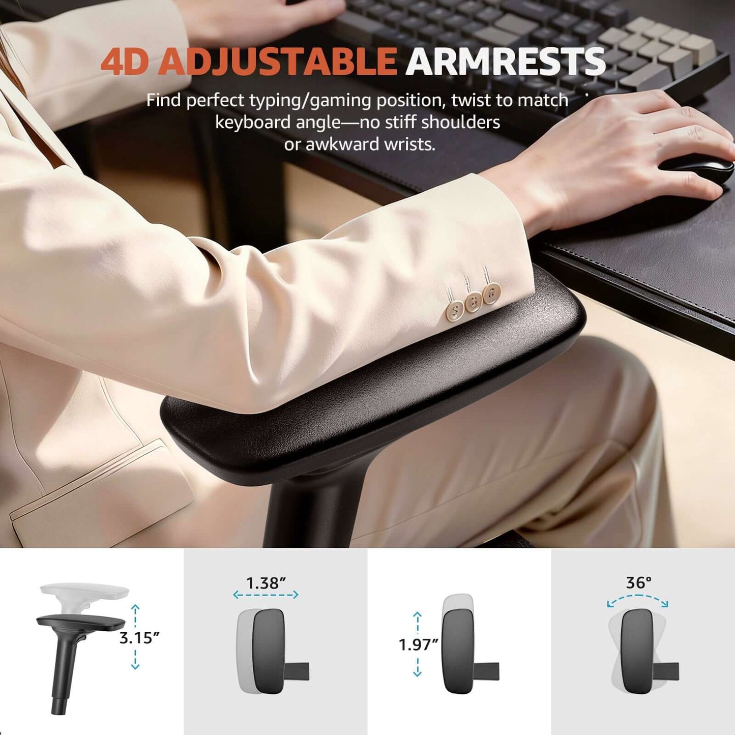 4D adjustable armrests of the ErgoSift M2 ergonomic office chair with lumbar support for enhanced comfort and support.