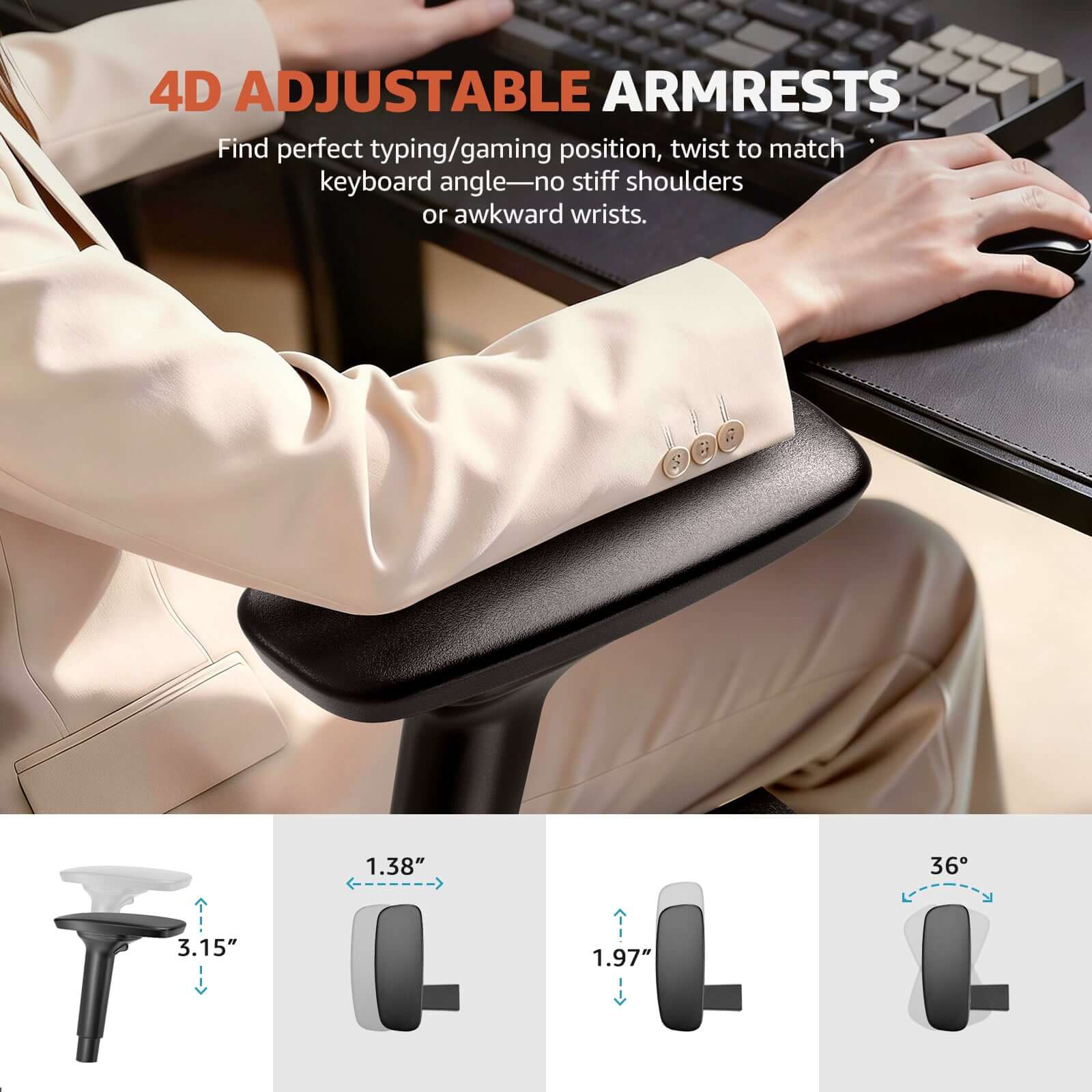 4D adjustable armrests of the ErgoSift M2 ergonomic office chair with lumbar support for enhanced comfort and support.