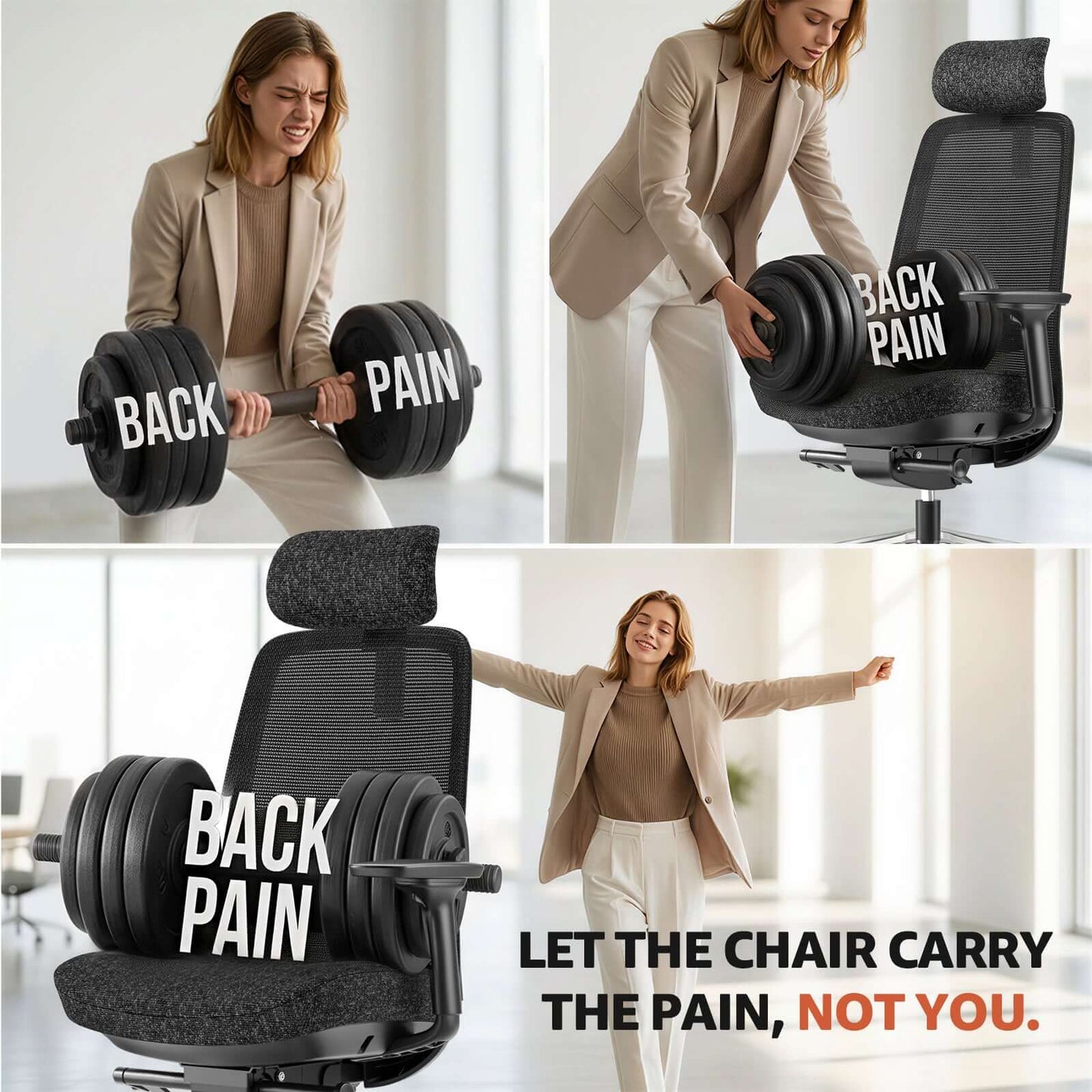 ErgoSift M2 ergonomic office chair with lumbar support highlighting comfort over back pain.