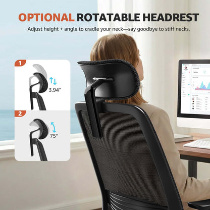 ErgoSift M2 ergonomic office chair with lumbar support showcasing adjustable rotatable headrest for enhanced neck comfort.