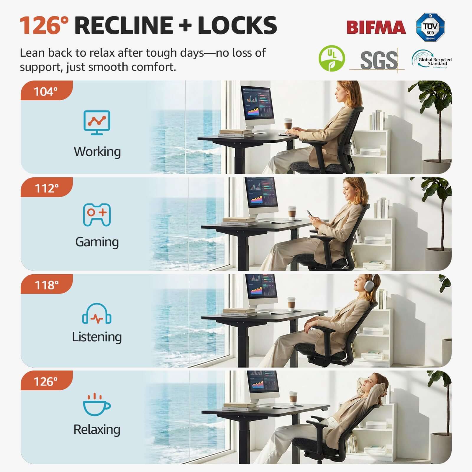ErgoSift M2 ergonomic office chair with lumbar support showing 126° recline positions for working, gaming, listening, and relaxing.