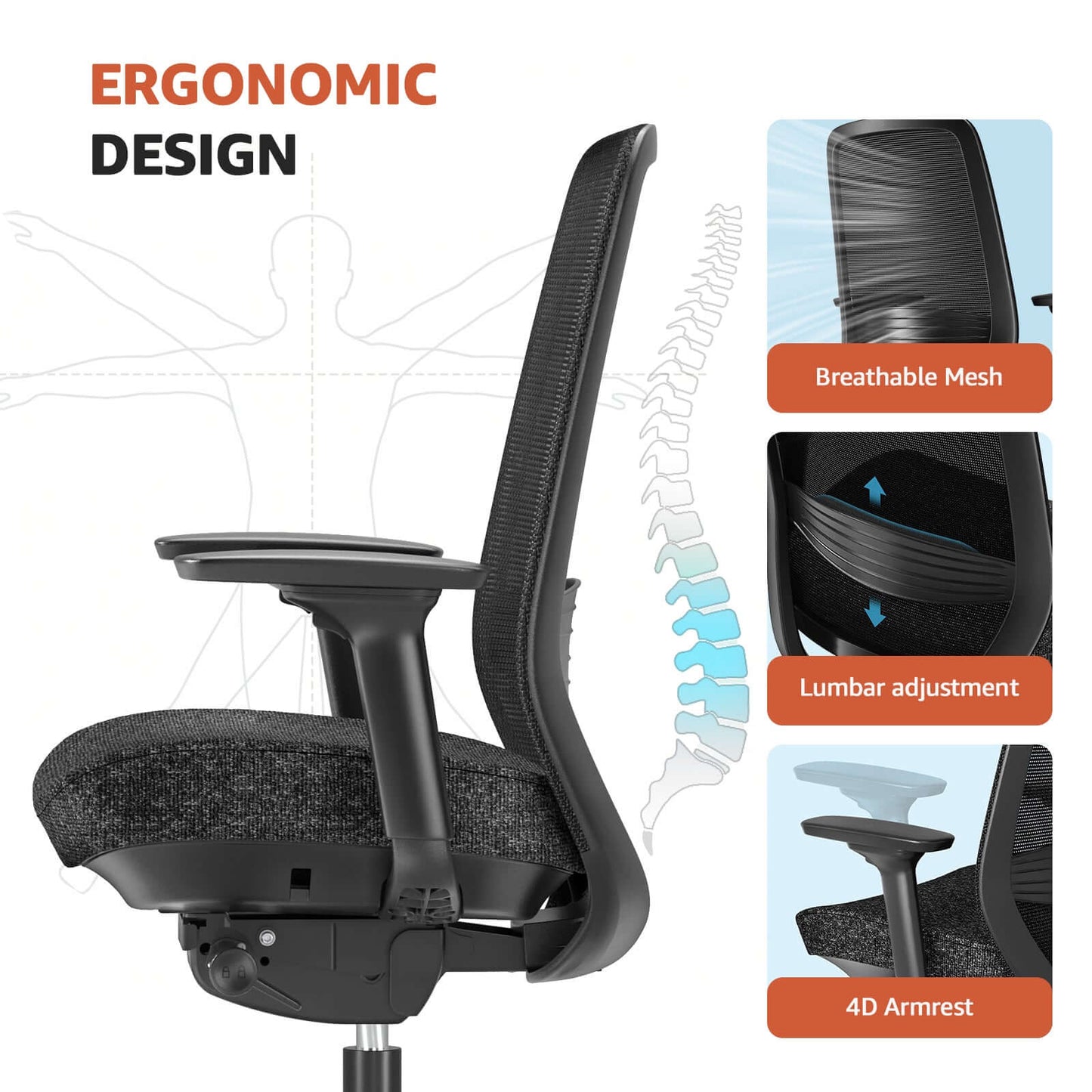 ErgoSift M2 ergonomic office chair with lumbar support featuring breathable mesh, lumbar adjustment, and 4D armrests.