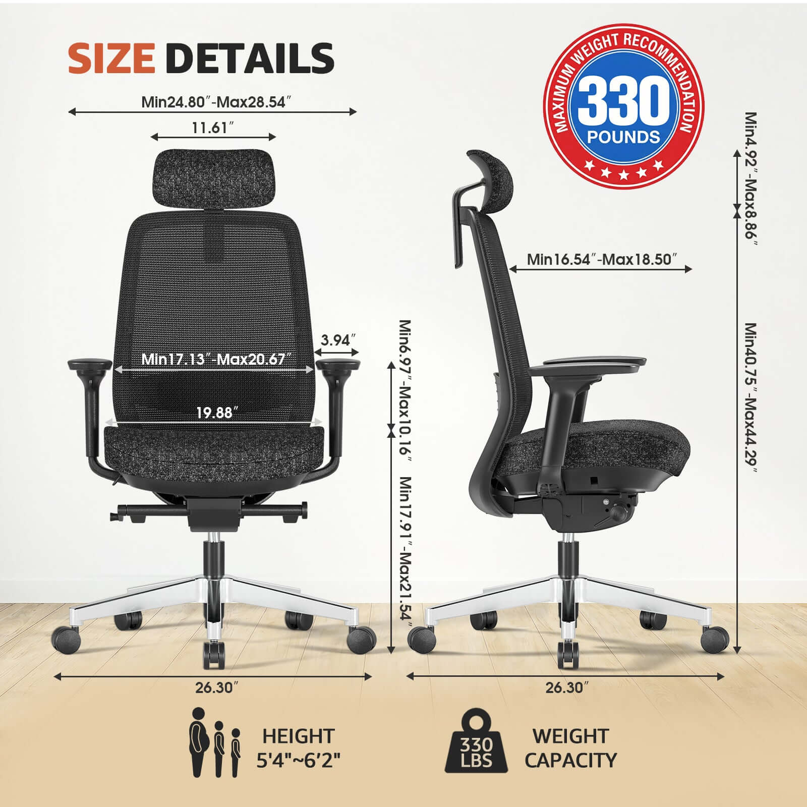 Size details of ErgoSift M2 ergonomic office chair with lumbar support, showing dimensions and weight capacity.