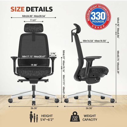 Size details of ErgoSift M2 ergonomic office chair with lumbar support, showing dimensions and weight capacity.